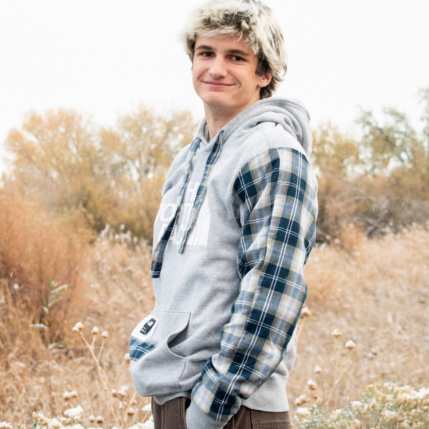 GRAY + NAVY FLANNEL NORTH FACE HOODIE/SHORTS SET