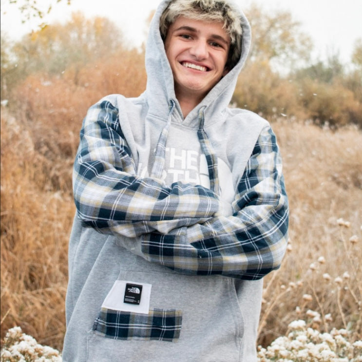 GRAY + NAVY FLANNEL NORTH FACE HOODIE/SHORTS SET