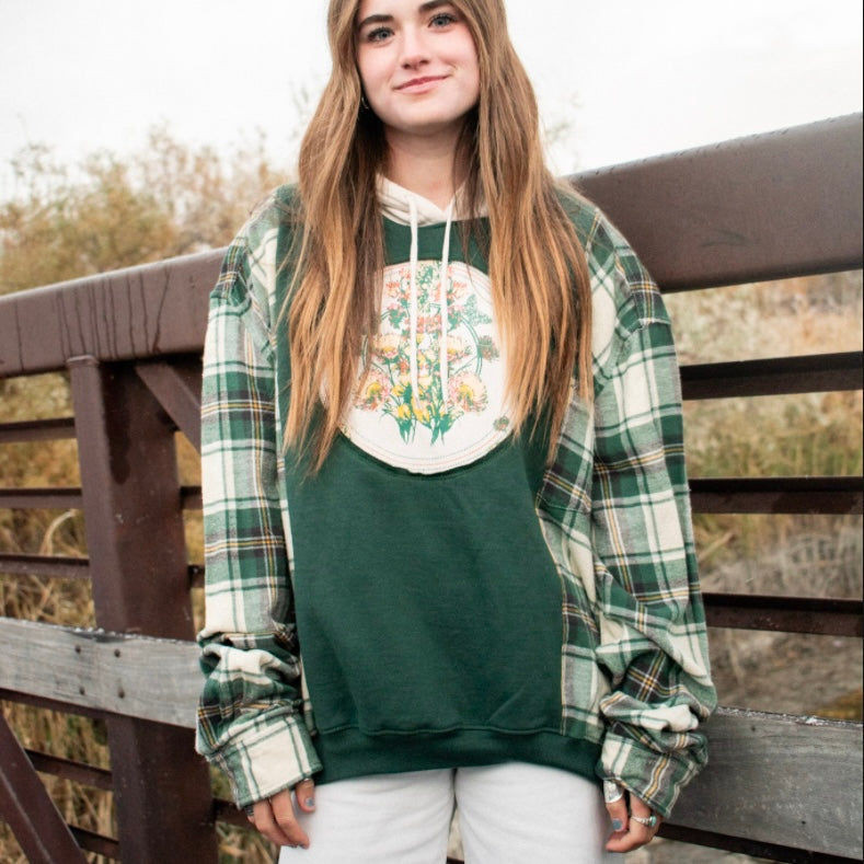 YELLOW + GREEN PLAID FLORAL HOODIE