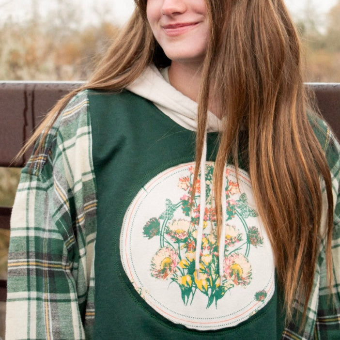 YELLOW + GREEN PLAID FLORAL HOODIE
