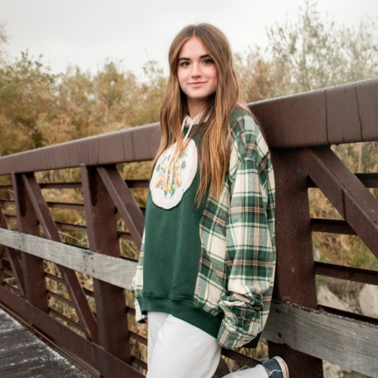 YELLOW + GREEN PLAID FLORAL HOODIE