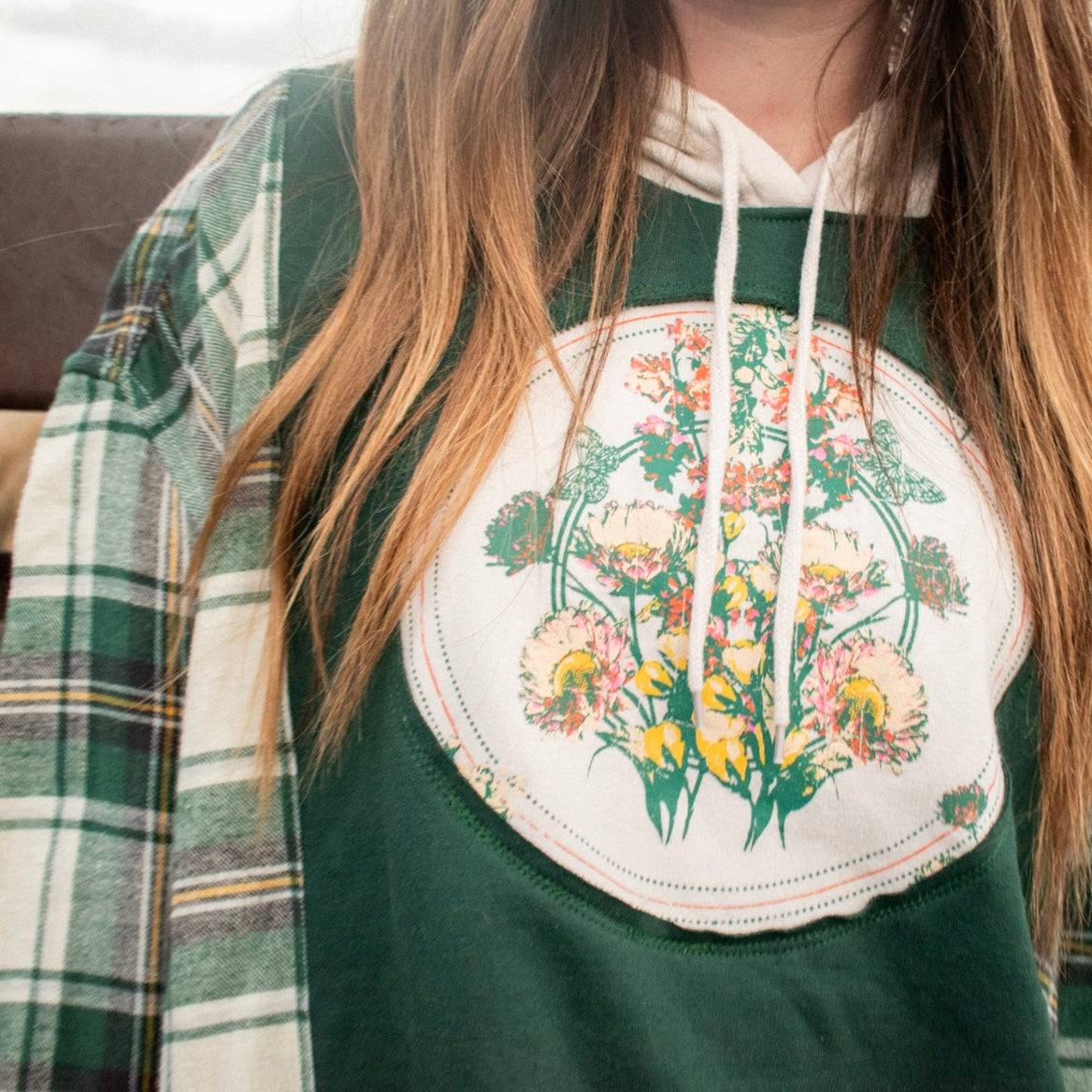 YELLOW + GREEN PLAID FLORAL HOODIE