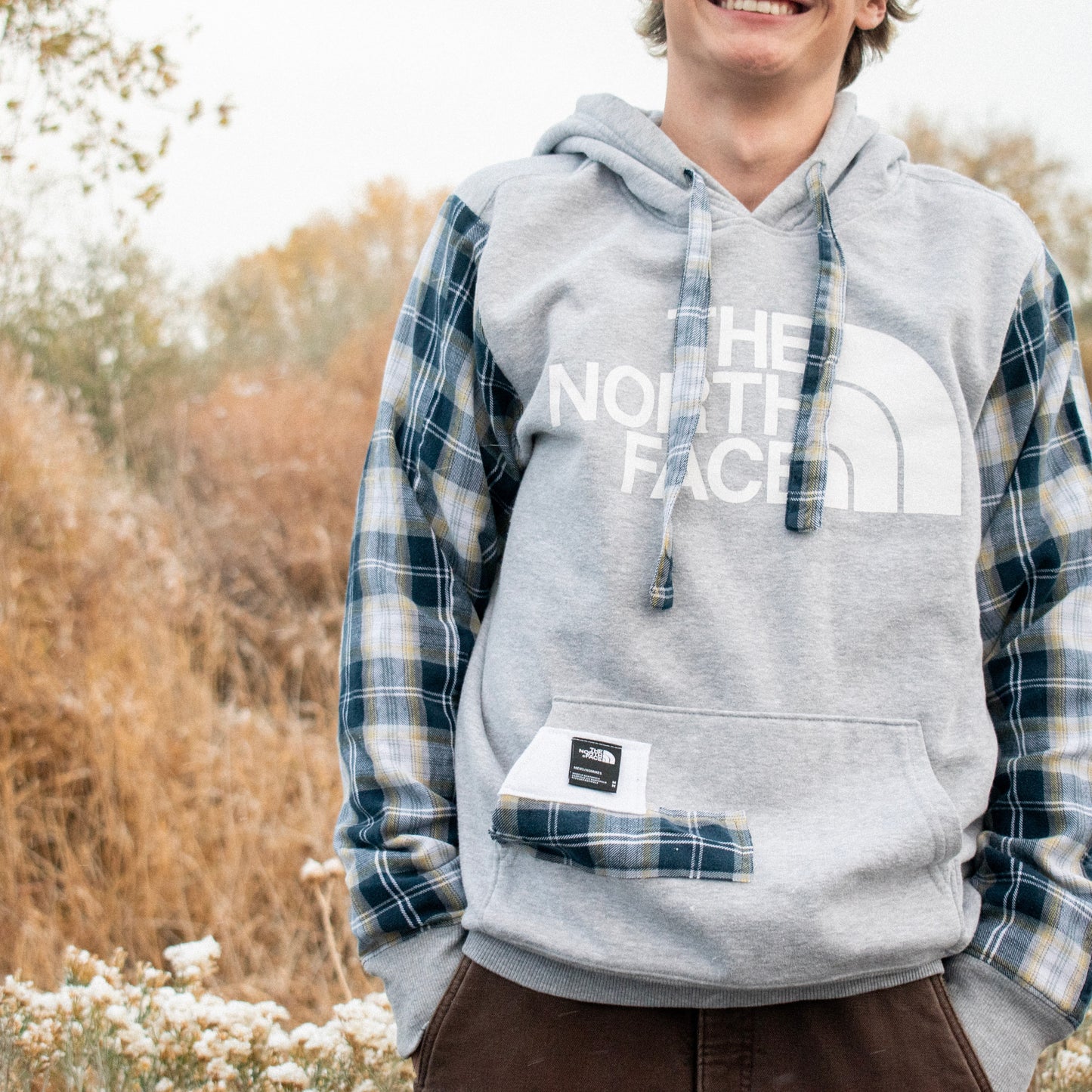 GRAY + NAVY FLANNEL NORTH FACE HOODIE/SHORTS SET